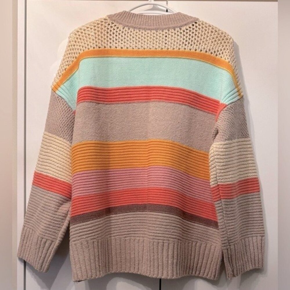 Anthropologie Taupe V-Neck Stripe Sweater with Mint & Orange Accents - Picture 9 of 16